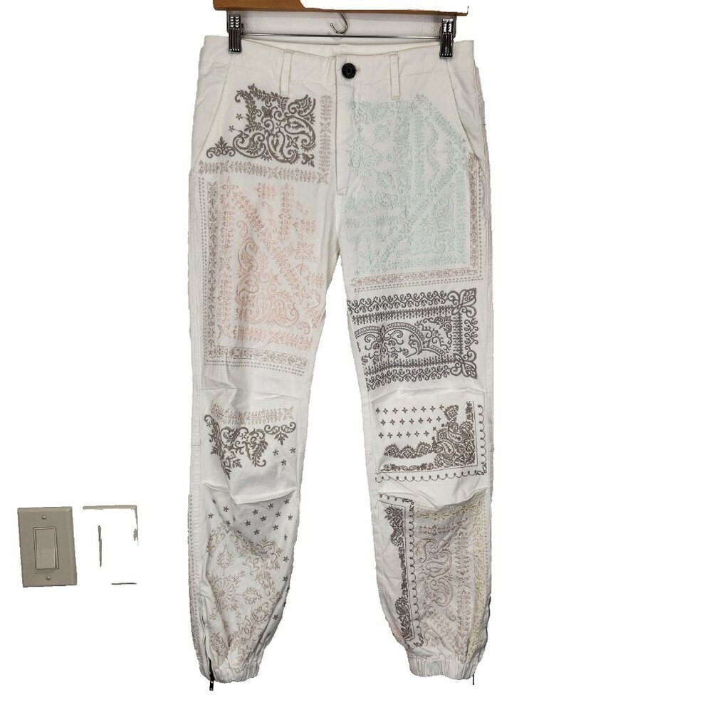 Johnny Was NWT Bandana Embroidered Pants 2 Natural White Ankle Zip Bohemian‎